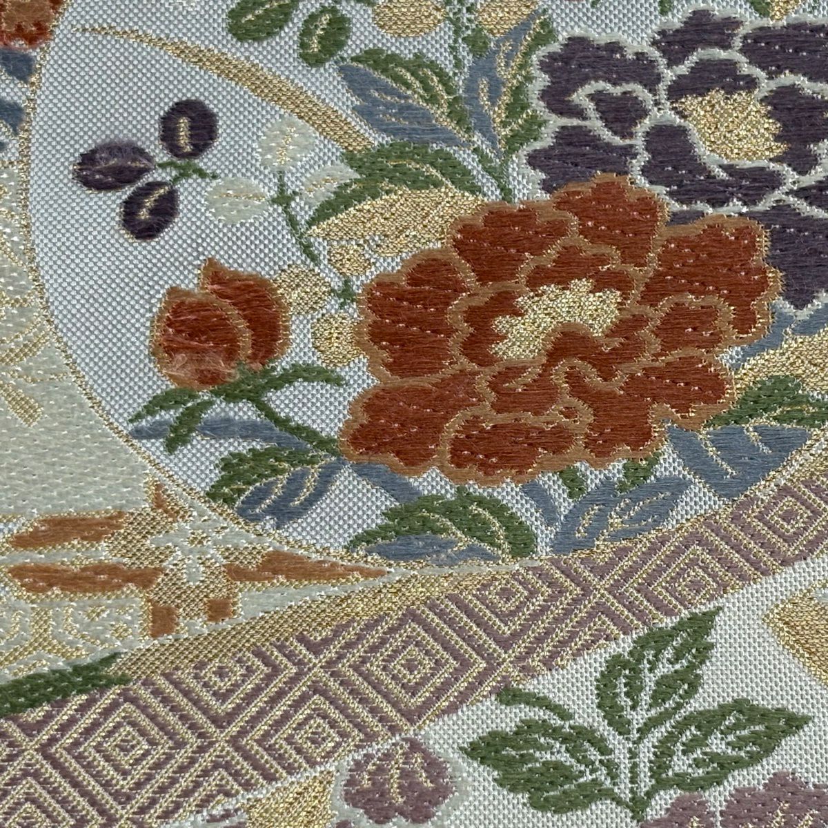 袋帶 秀品級 草花紋紋 有職文樣 金金箔 刺繡 灰 深藍 六通 純蠶絲