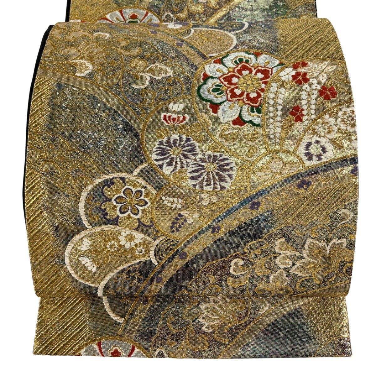 【美品】 袋帶 秀品級 草花紋 斜紋 金絲 金金箔 金色 六通 純蠶絲
