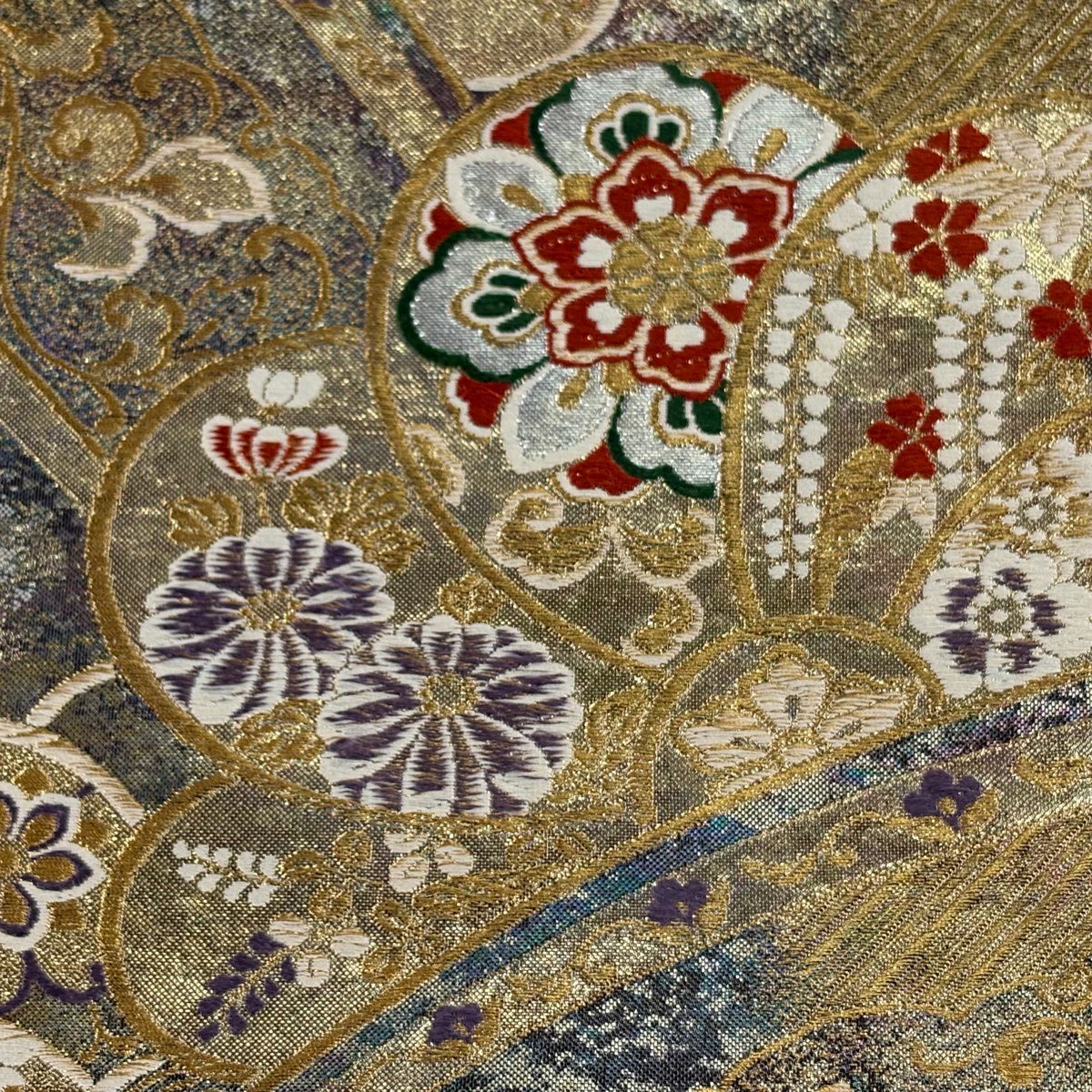 【美品】 袋帶 秀品級 草花紋 斜紋 金絲 金金箔 金色 六通 純蠶絲