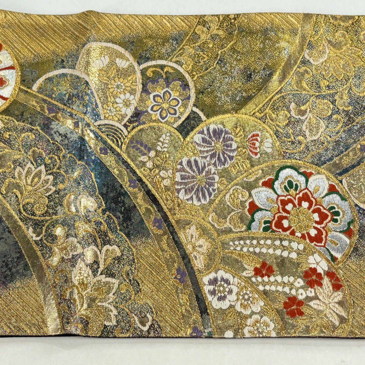 【美品】 袋帶 秀品級 草花紋 斜紋 金絲 金金箔 金色 六通 純蠶絲