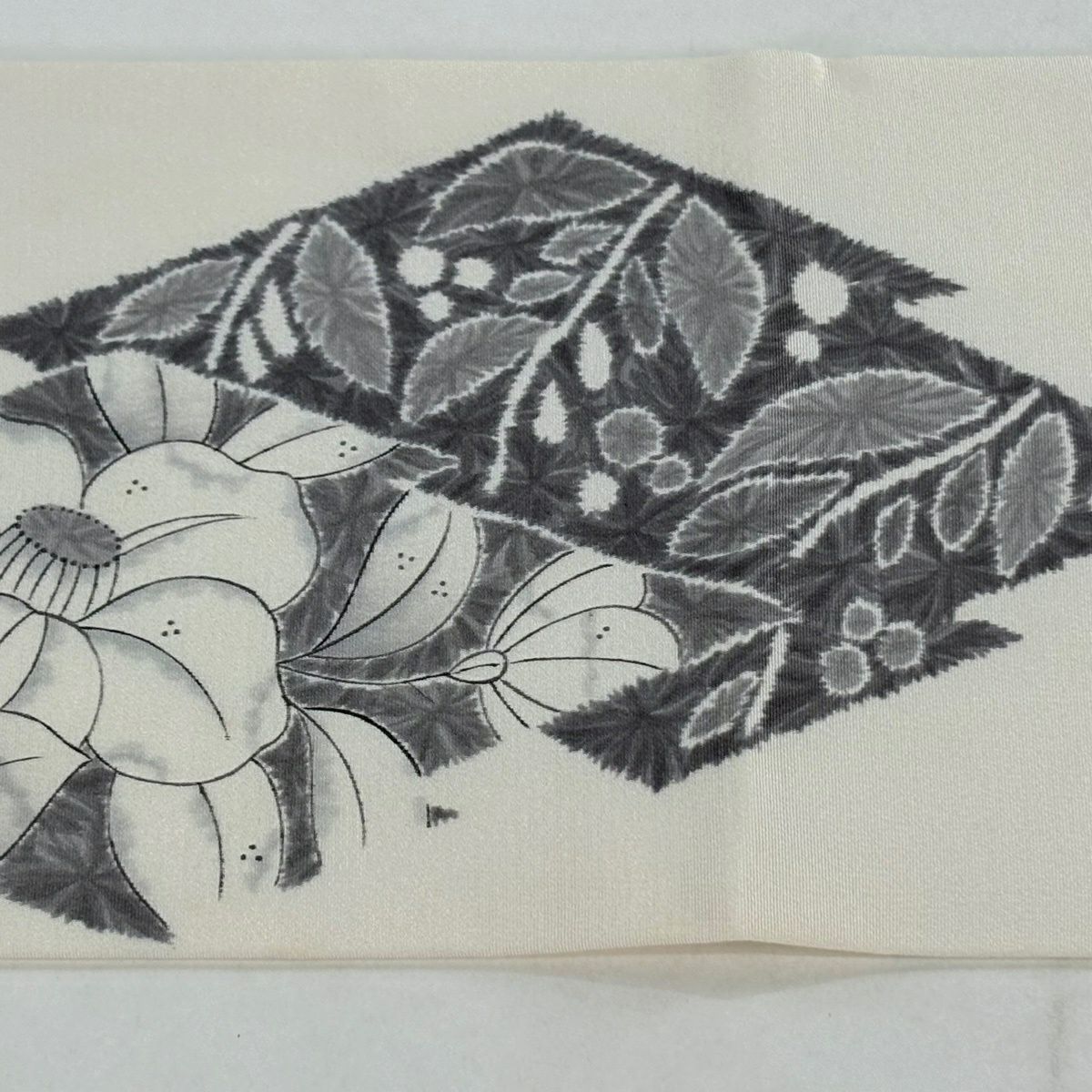 名古屋帶 秀品級 椿 松樹皮菱 奶油色 純蠶絲