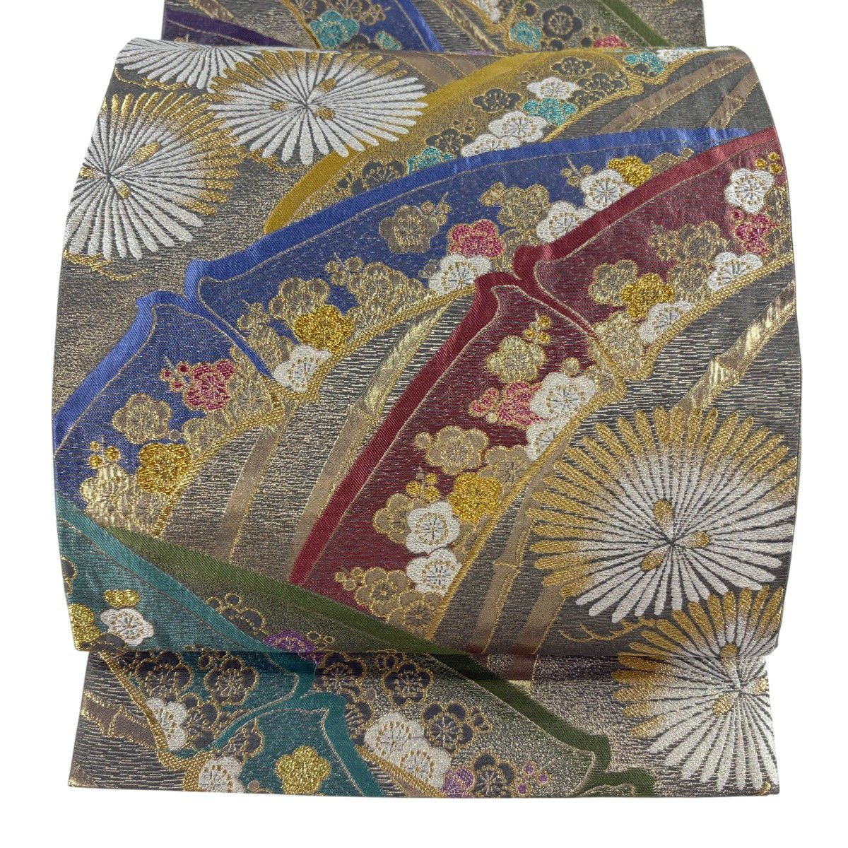 袋帶 秀品級 附有落款 松樹竹子梅花 金絲 金金箔 灰綠 六通 純蠶絲