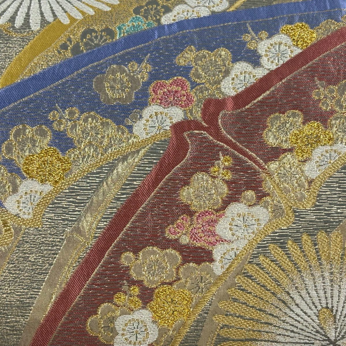 袋帶 秀品級 附有落款 松樹竹子梅花 金絲 金金箔 灰綠 六通 純蠶絲