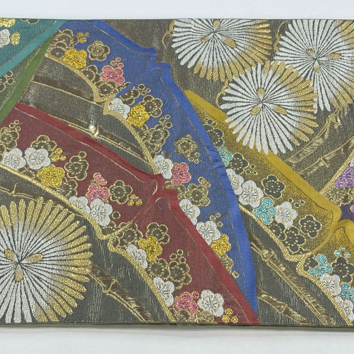 袋帶 秀品級 附有落款 松樹竹子梅花 金絲 金金箔 灰綠 六通 純蠶絲