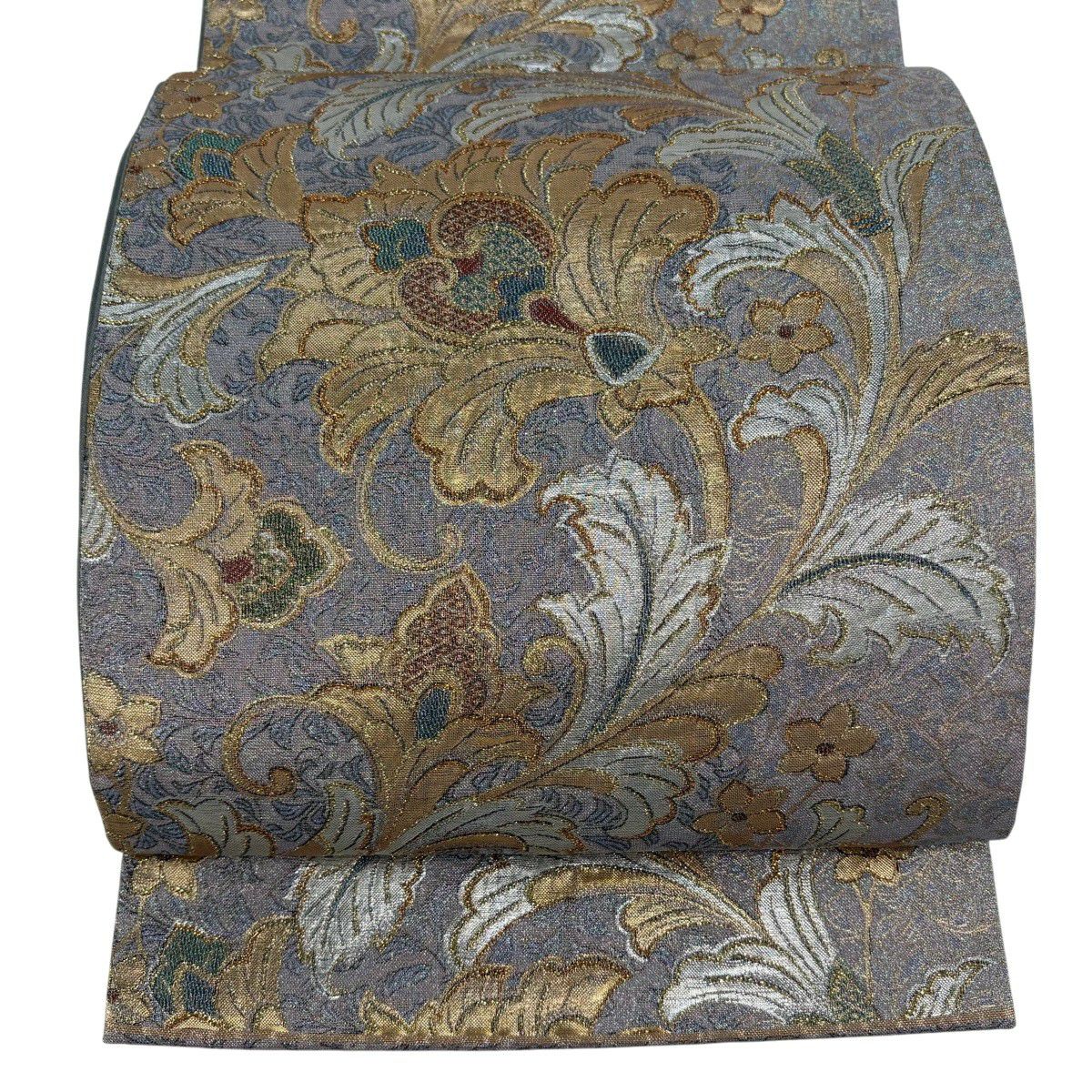 【美品】 袋帶 秀品級 草花紋紋 金金箔 灰紫 六通 純蠶絲