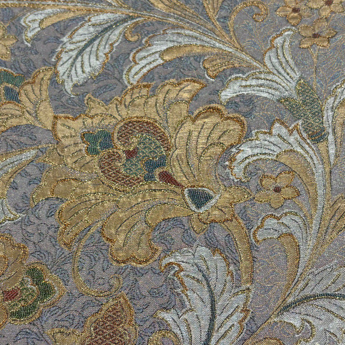 【美品】 袋帶 秀品級 草花紋紋 金金箔 灰紫 六通 純蠶絲