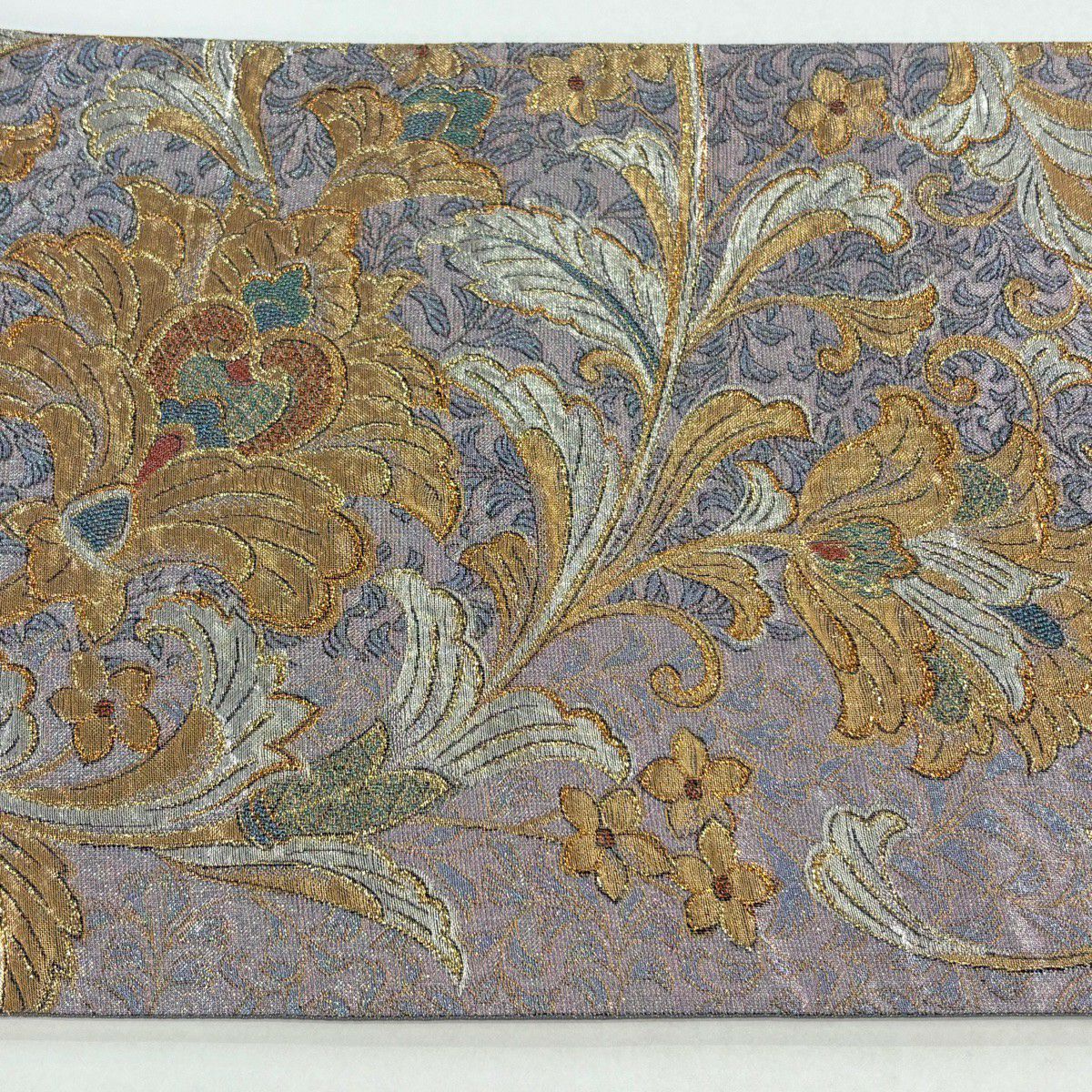 【美品】 袋帶 秀品級 草花紋紋 金金箔 灰紫 六通 純蠶絲