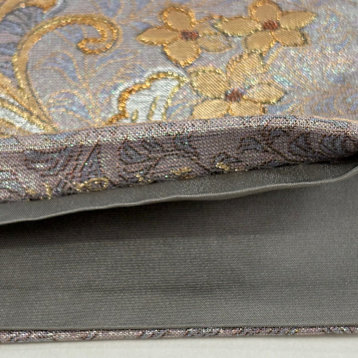 【美品】 袋帶 秀品級 草花紋紋 金金箔 灰紫 六通 純蠶絲