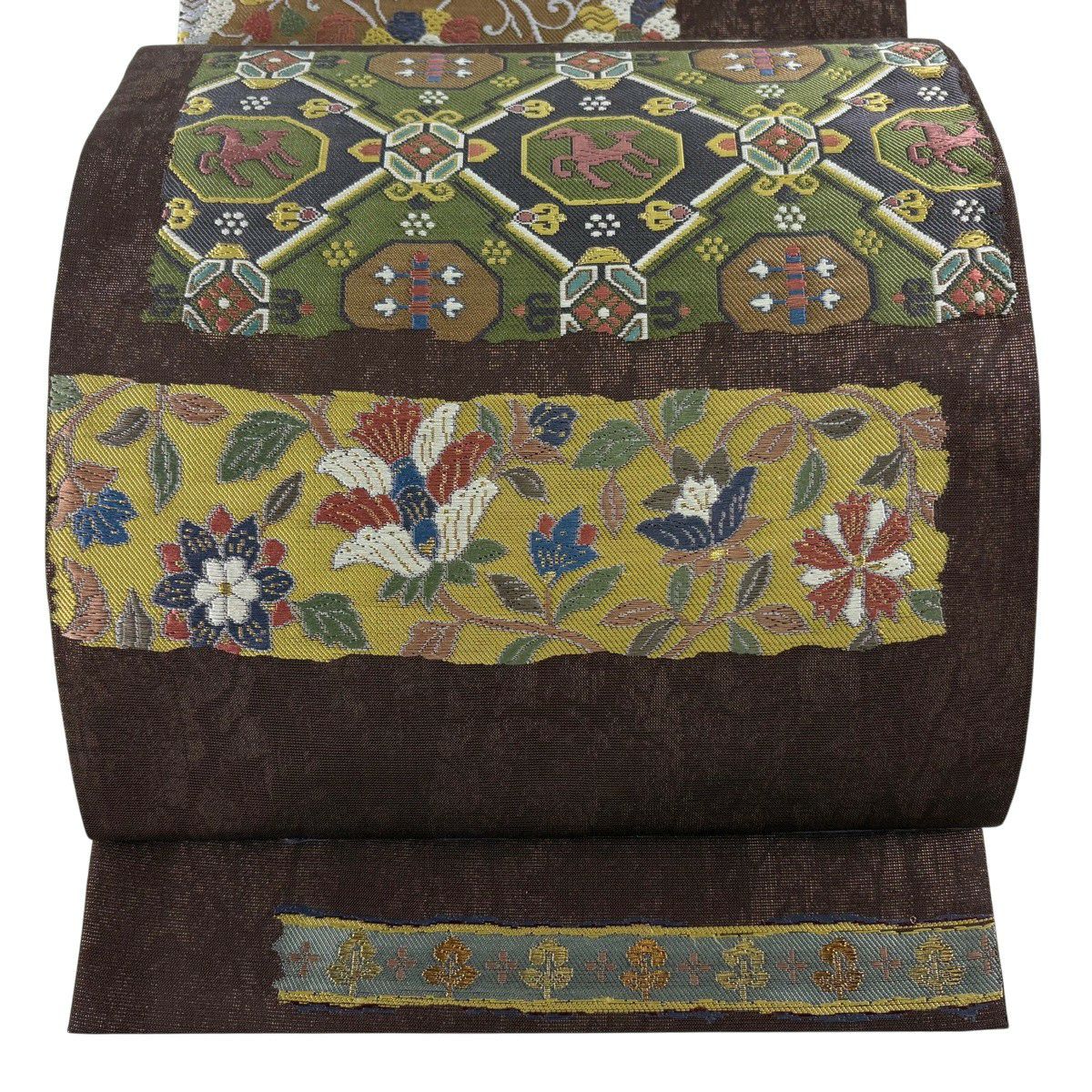 【美品】 袋帶 秀品級 松樹皮菱 草花紋 金糸 茶 六通 純蠶絲