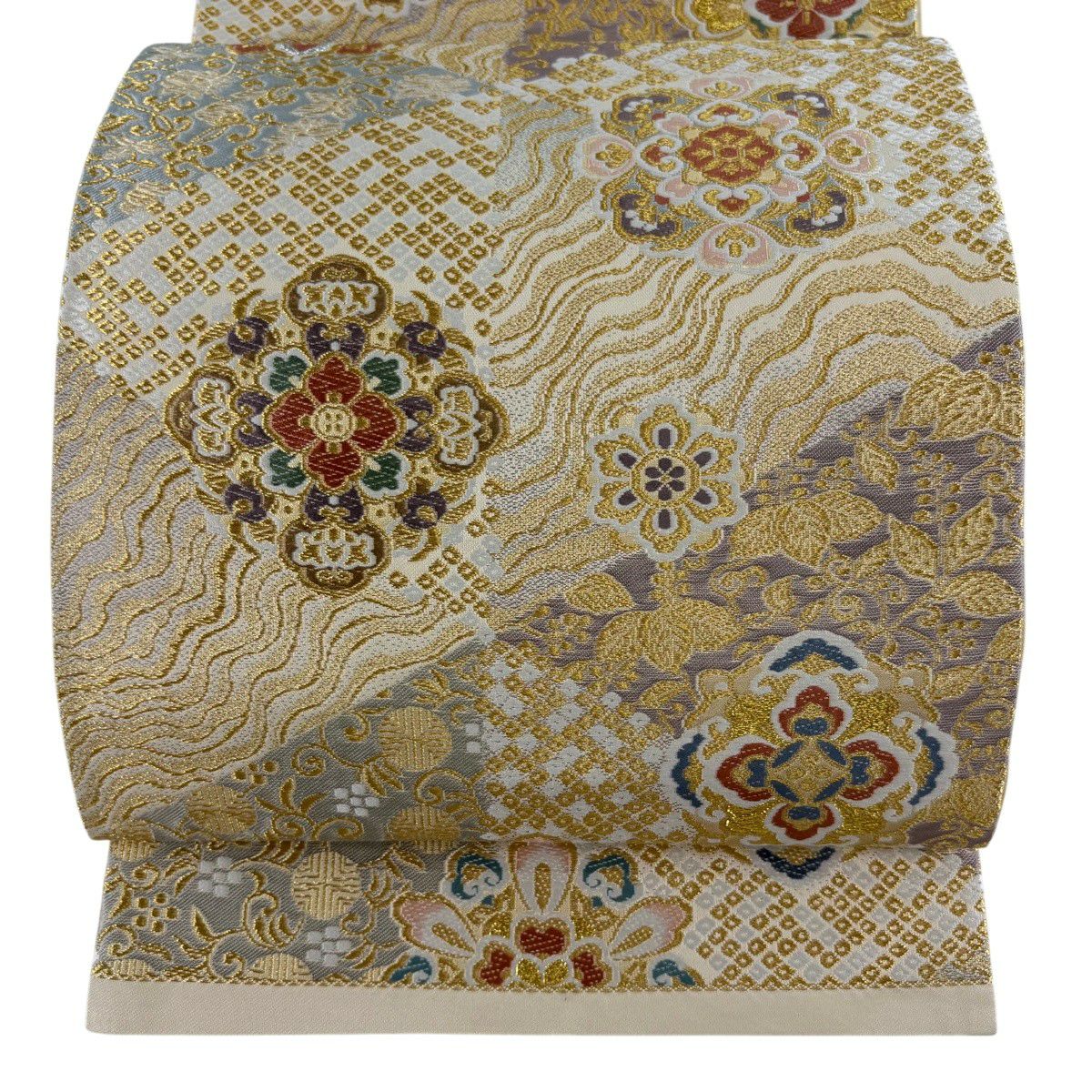 【美品】 袋帶 秀品級 華紋 疋田 金銀絲 金 六通 純蠶絲