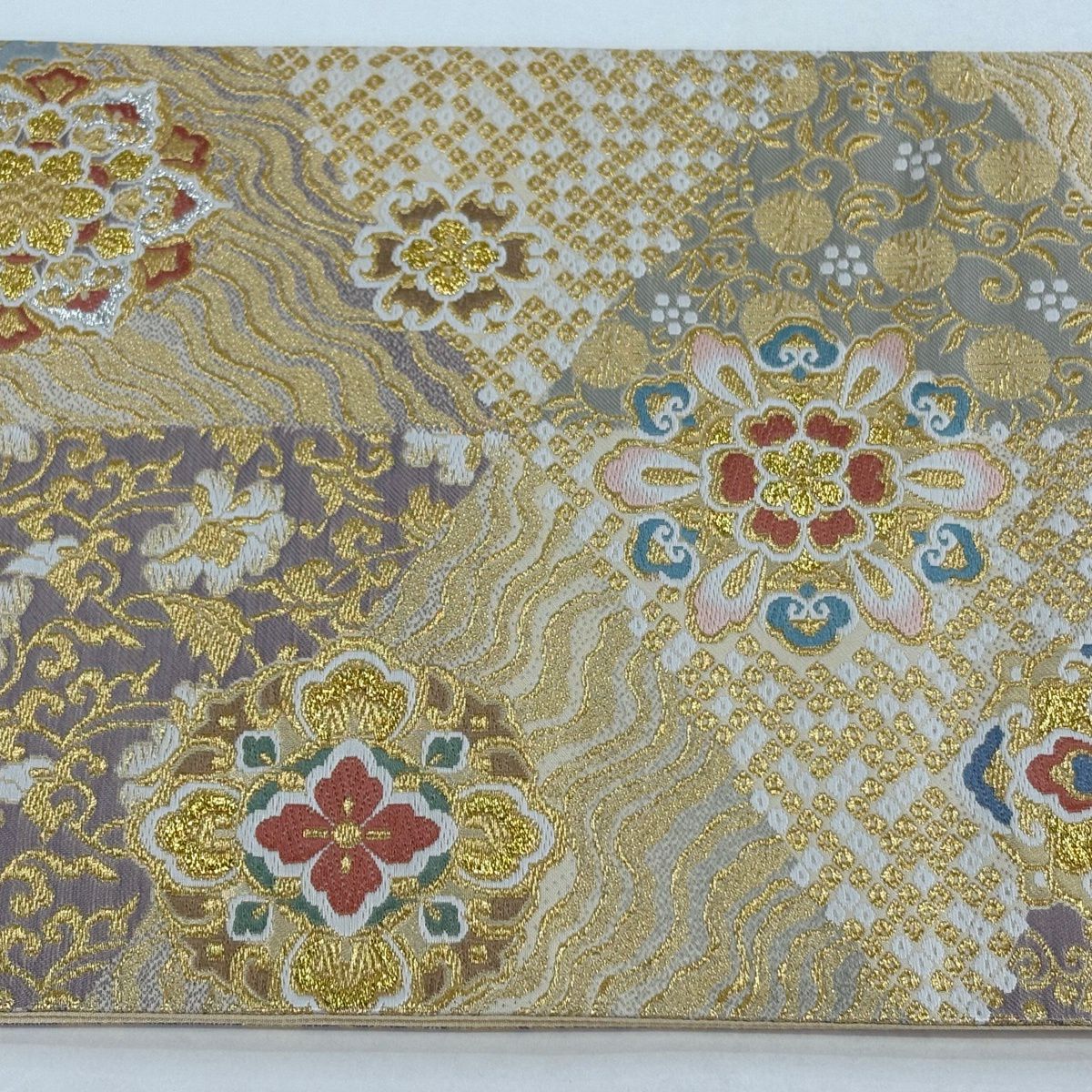 【美品】 袋帶 秀品級 華紋 疋田 金銀絲 金 六通 純蠶絲