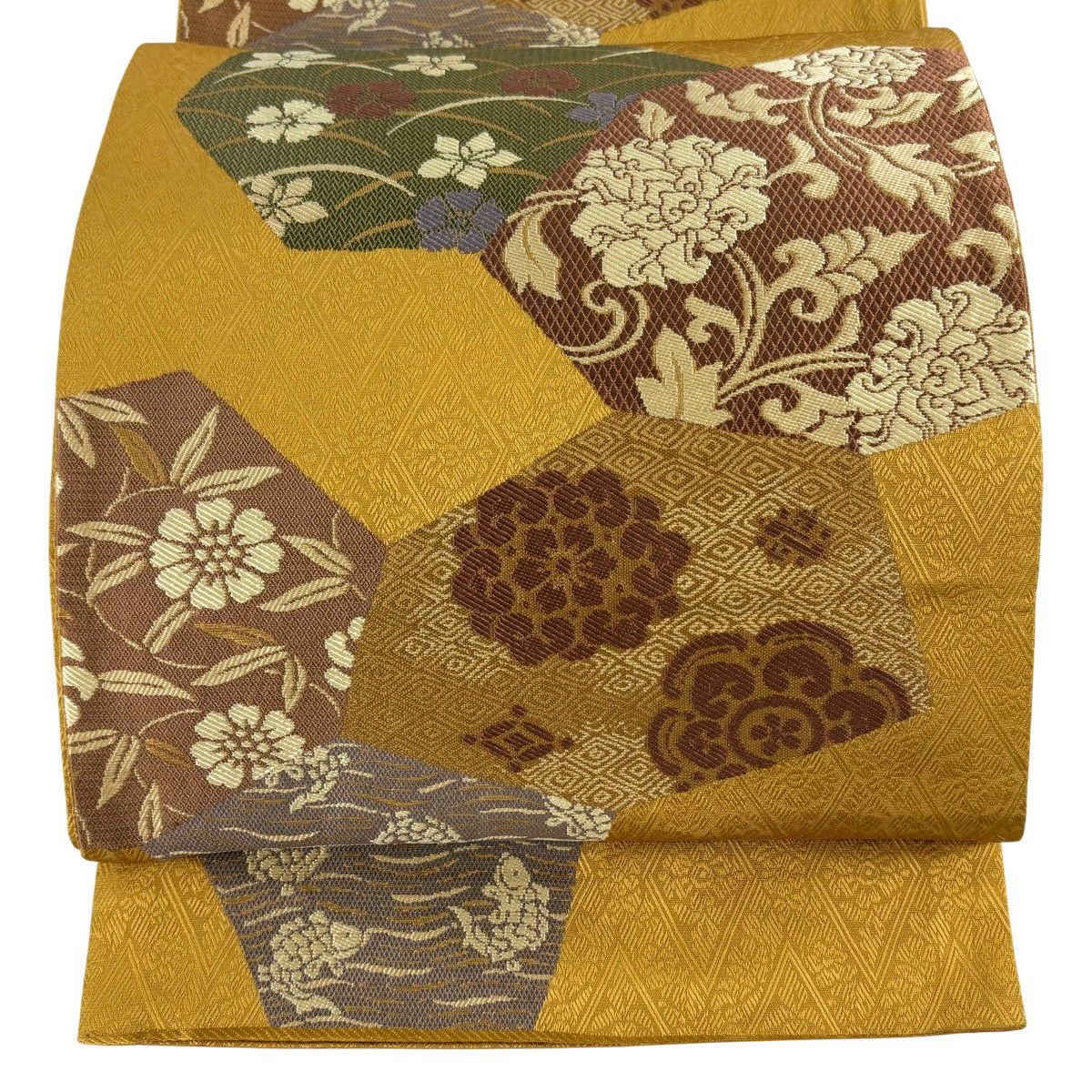 【美品】 袋帶 秀品級 草花紋紋 荒磯刺繡 山吹 深藍 六通 純蠶絲