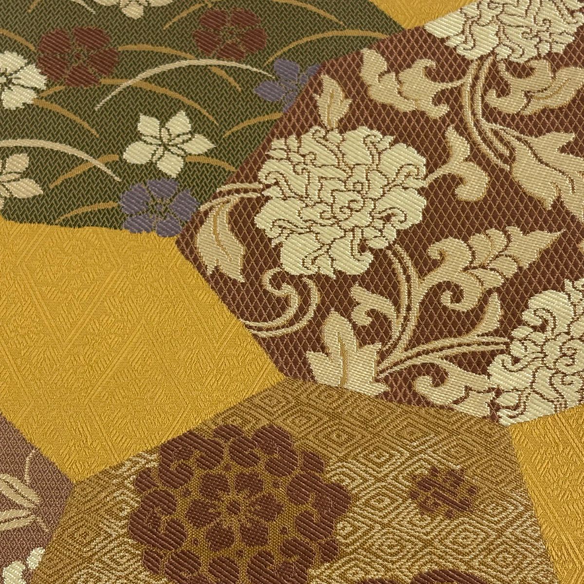 【美品】 袋帶 秀品級 草花紋紋 荒磯刺繡 山吹 深藍 六通 純蠶絲