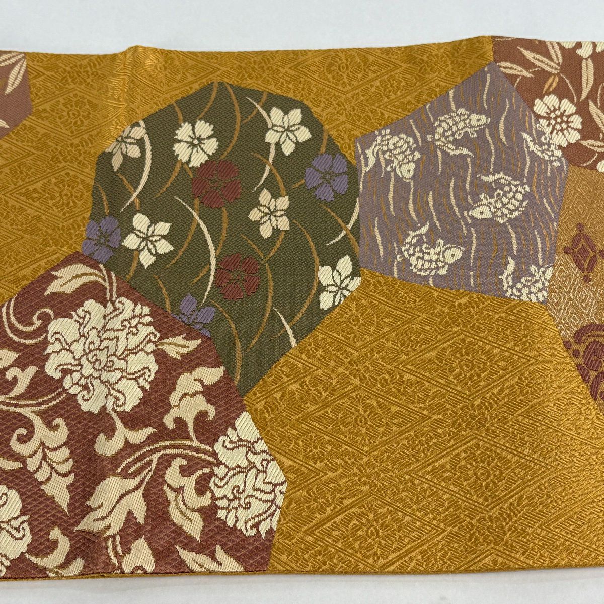 【美品】 袋帶 秀品級 草花紋紋 荒磯刺繡 山吹 深藍 六通 純蠶絲
