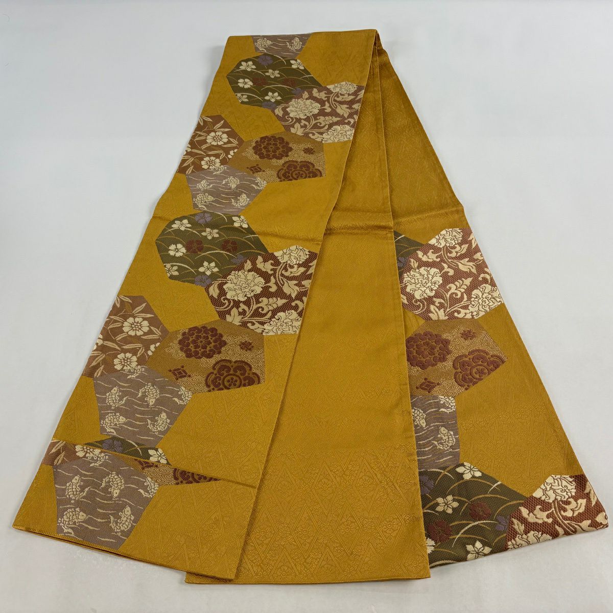 【美品】 袋帶 秀品級 草花紋紋 荒磯刺繡 山吹 深藍 六通 純蠶絲