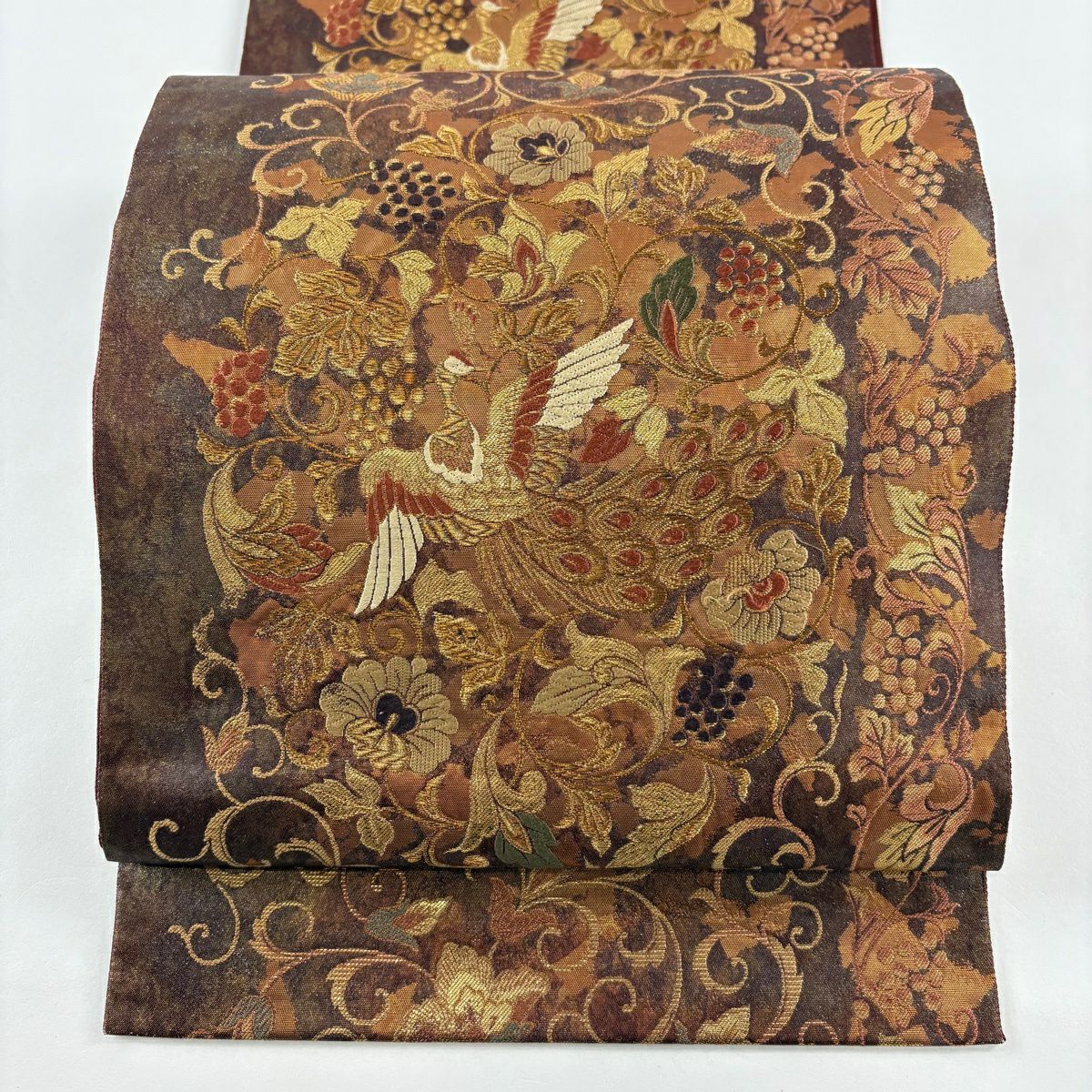 【美品】 袋帶 秀品級 花鳥 葡萄 金金箔 金絲 茶 六通 純蠶絲