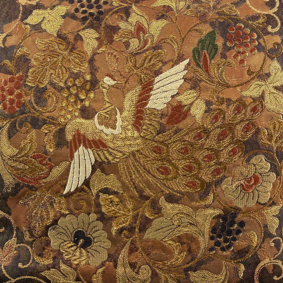 【美品】 袋帶 秀品級 花鳥 葡萄 金金箔 金絲 茶 六通 純蠶絲