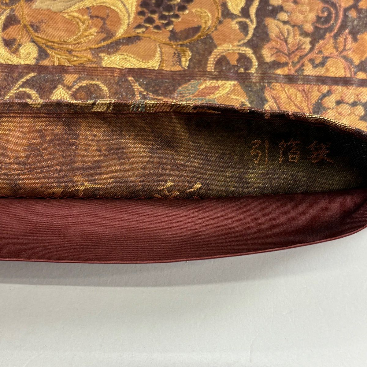 【美品】 袋帶 秀品級 花鳥 葡萄 金金箔 金絲 茶 六通 純蠶絲