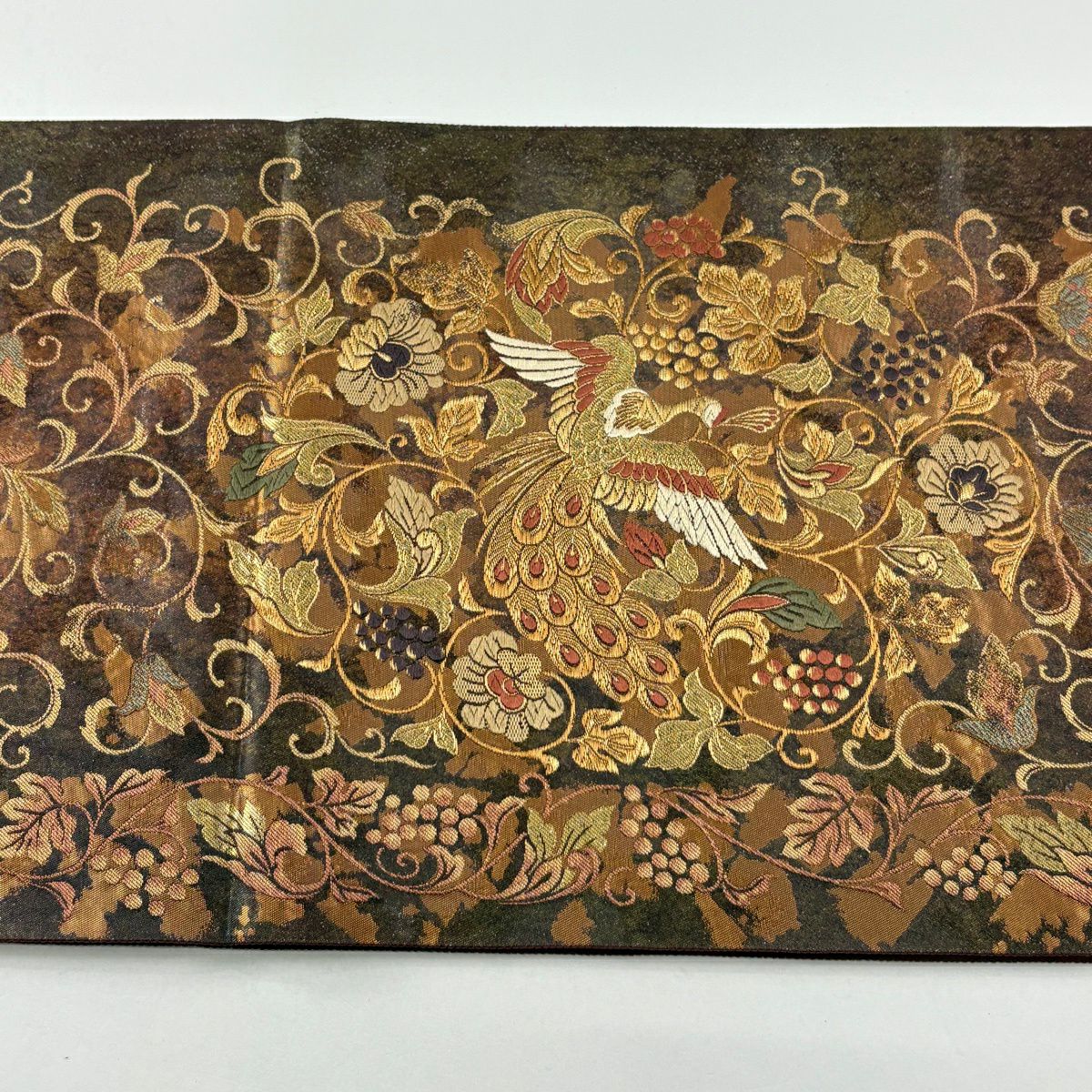 【美品】 袋帶 秀品級 花鳥 葡萄 金金箔 金絲 茶 六通 純蠶絲