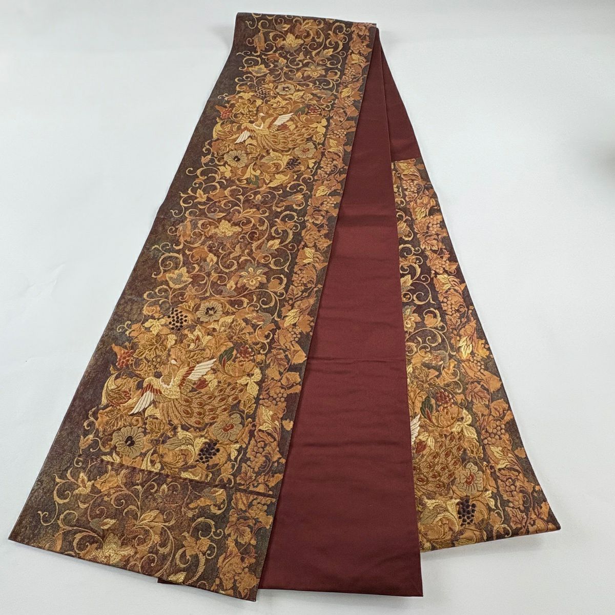 【美品】 袋帶 秀品級 花鳥 葡萄 金金箔 金絲 茶 六通 純蠶絲