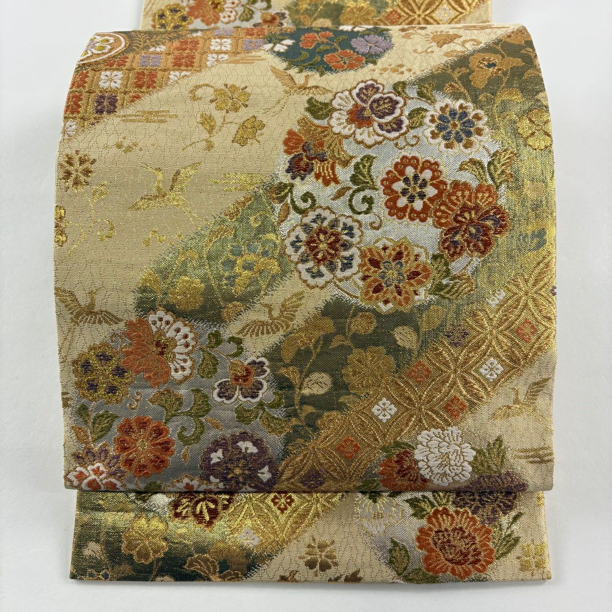 【美品】 袋帶 秀品級 花鳥 七寶 金金箔 金絲 米色 六通 純蠶絲