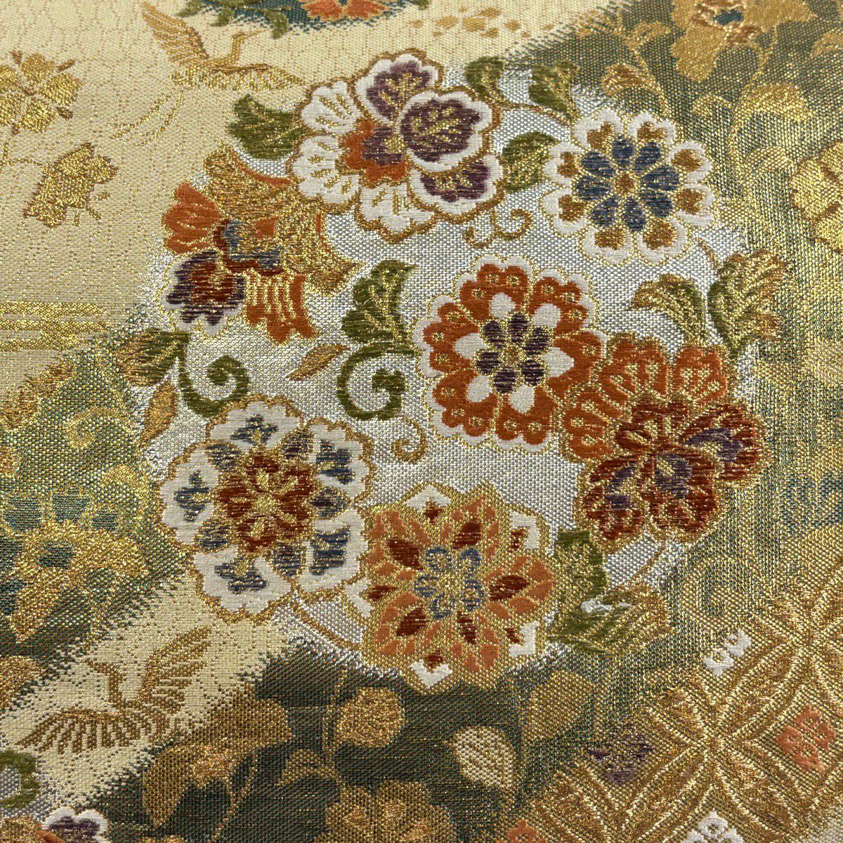 【美品】 袋帶 秀品級 花鳥 七寶 金金箔 金絲 米色 六通 純蠶絲