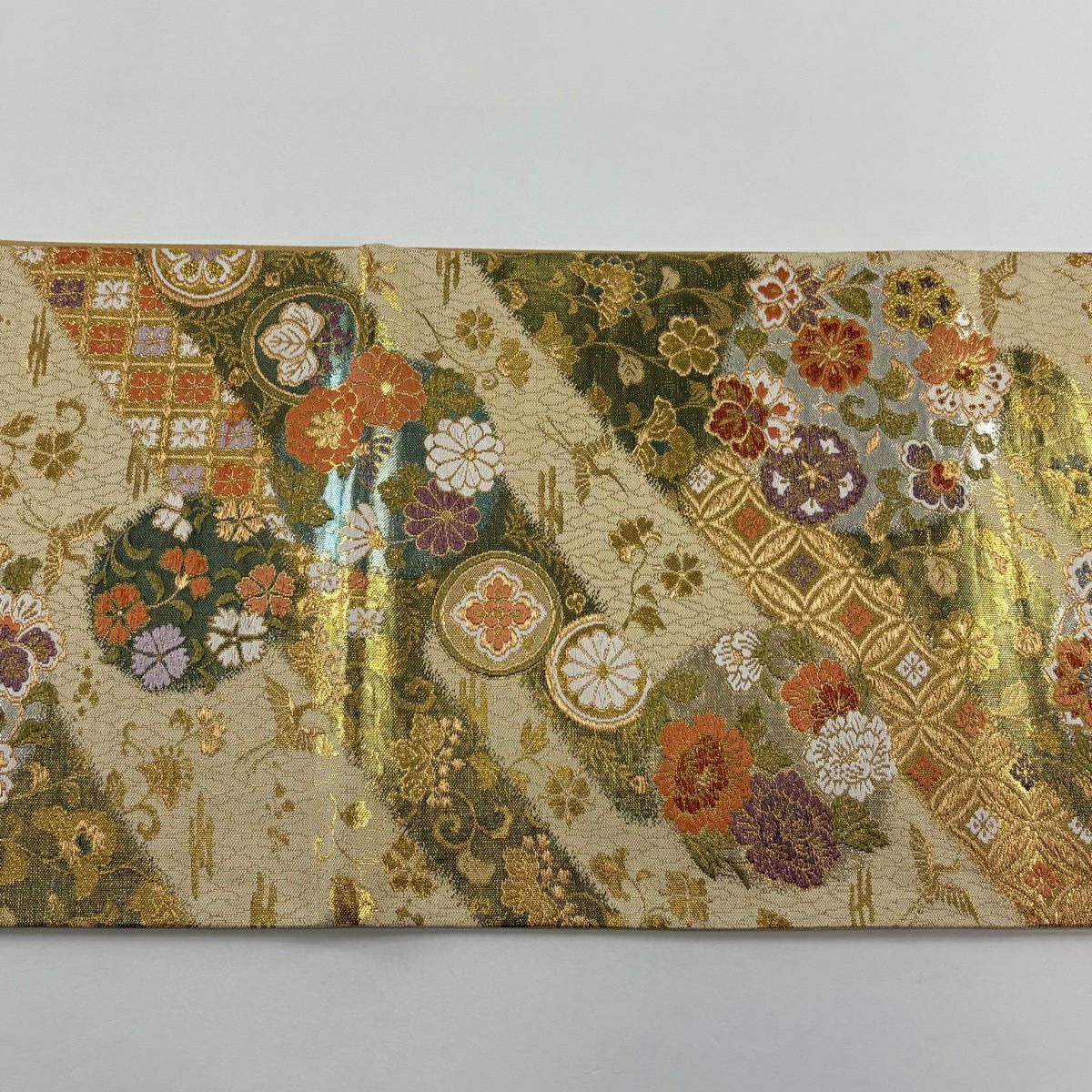 【美品】 袋帶 秀品級 花鳥 七寶 金金箔 金絲 米色 六通 純蠶絲