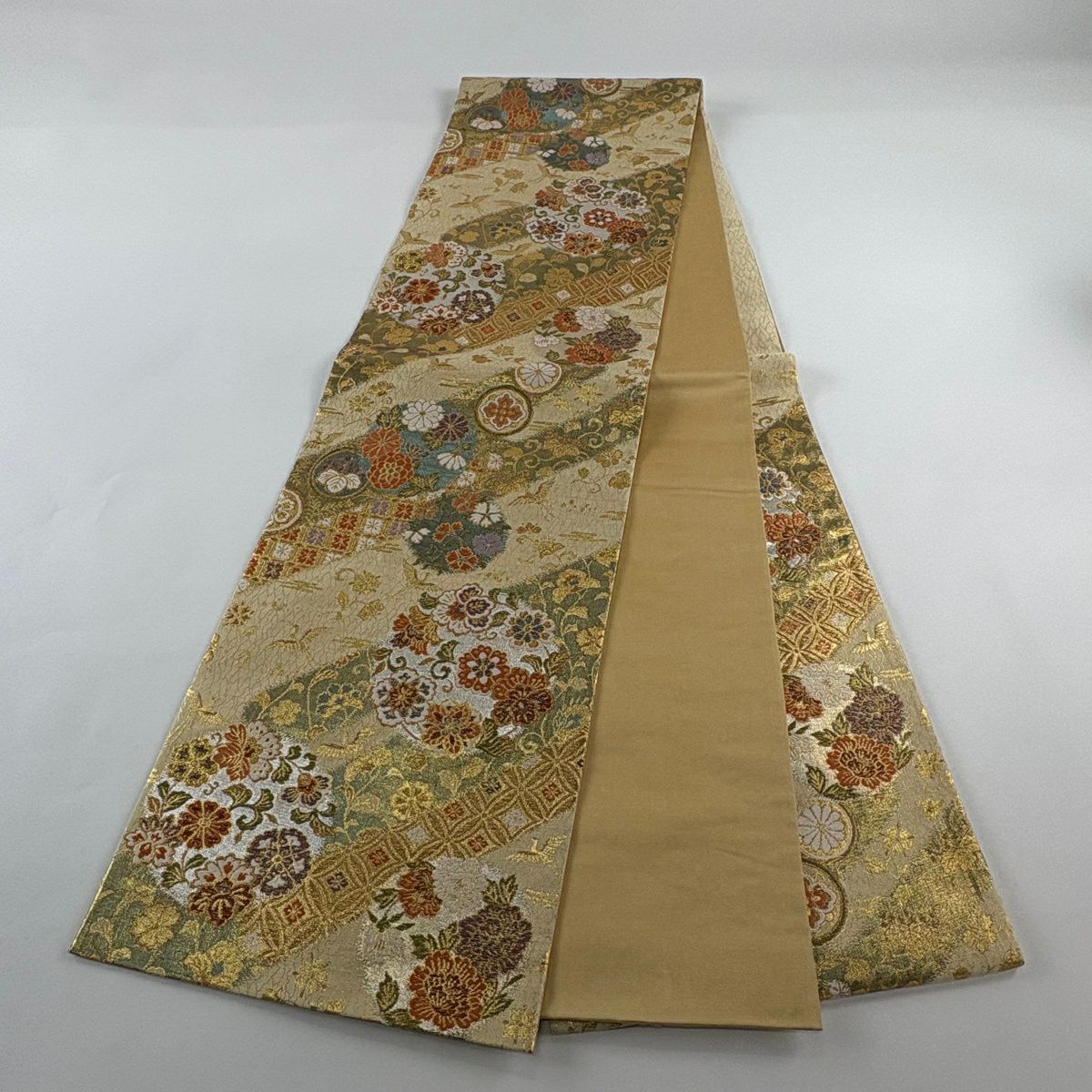 【美品】 袋帶 秀品級 花鳥 七寶 金金箔 金絲 米色 六通 純蠶絲