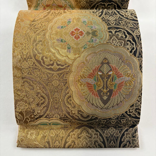 袋帶 秀品級 向鳥 華紋 金金箔 金絲 金色 六通 純蠶絲