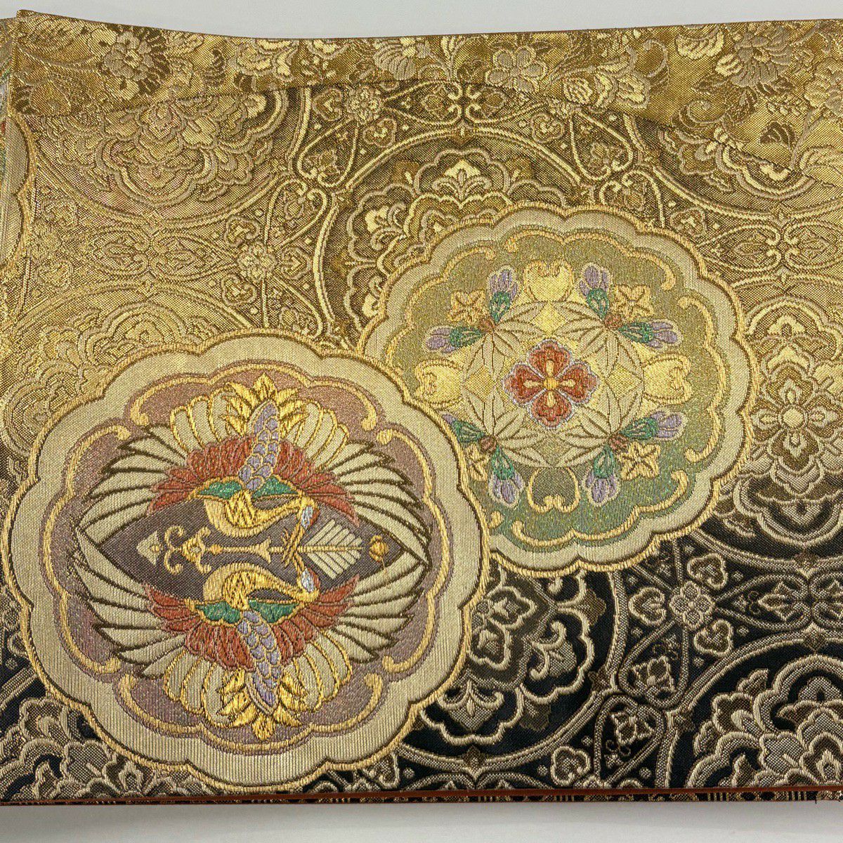 袋帶 秀品級 向鳥 華紋 金金箔 金絲 金色 六通 純蠶絲