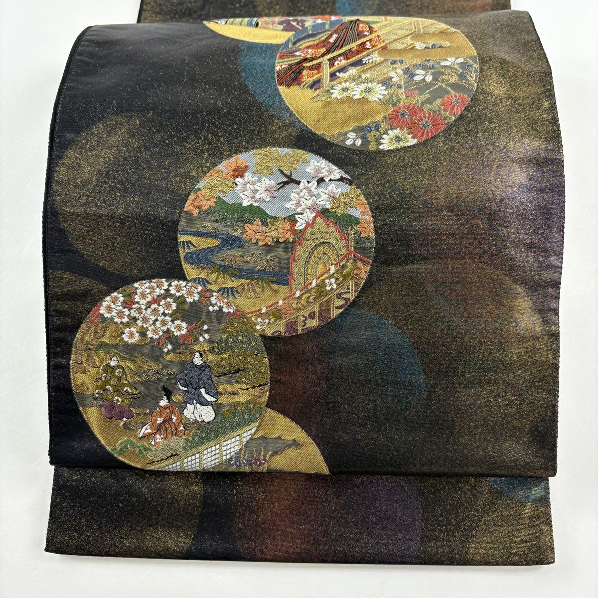 【美品】 袋帶 秀品級 人物 草花紋紋 金金箔 黑 六通 純蠶絲