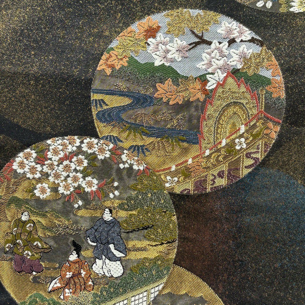 【美品】 袋帶 秀品級 人物 草花紋紋 金金箔 黑 六通 純蠶絲
