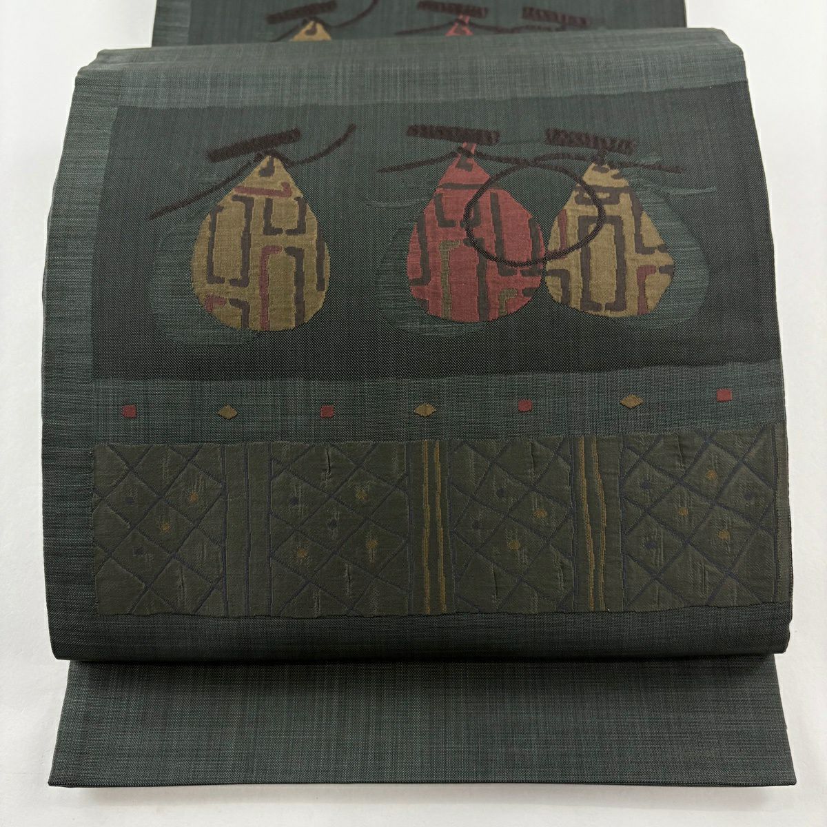 【美品】 袋帶 秀品級 生物 縞 深綠 六通 純蠶絲