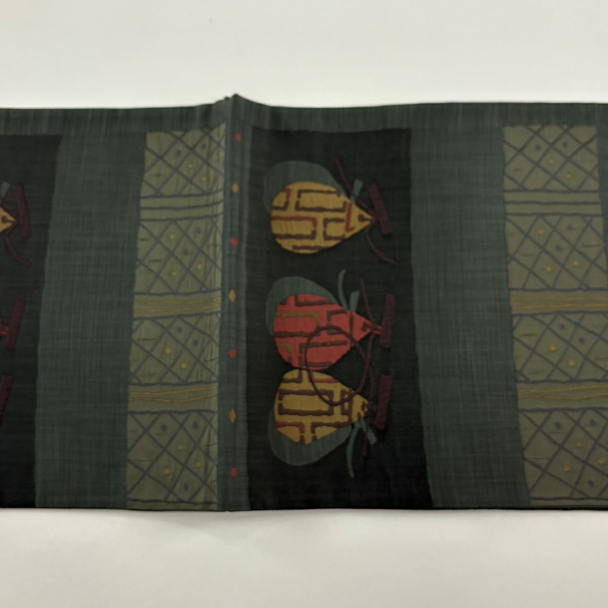 【美品】 袋帶 秀品級 生物 縞 深綠 六通 純蠶絲