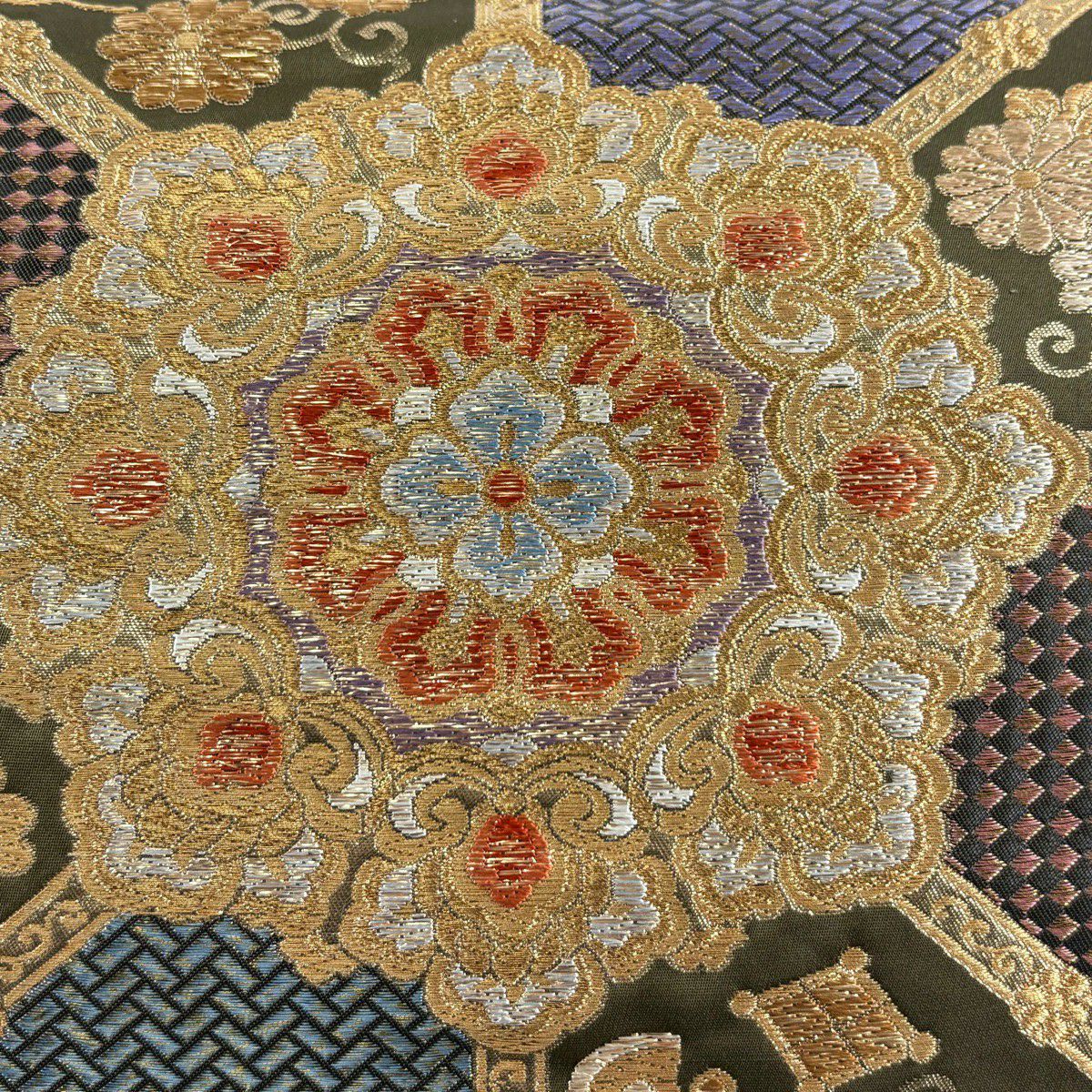 【美品】 袋帶 秀品級 華紋 寶盡くし 金金箔 金絲 茶綠 六通 純蠶絲