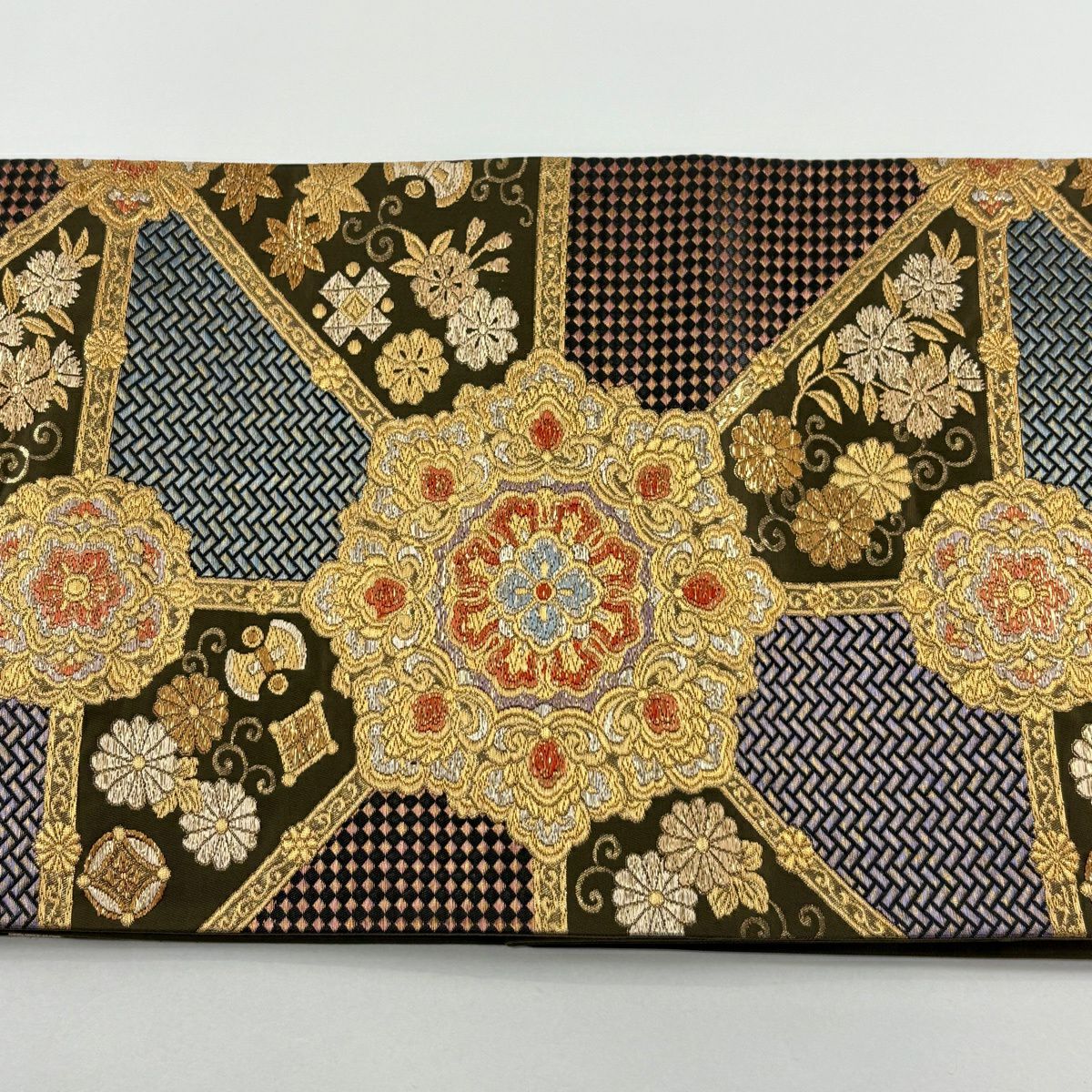 【美品】 袋帶 秀品級 華紋 寶盡くし 金金箔 金絲 茶綠 六通 純蠶絲