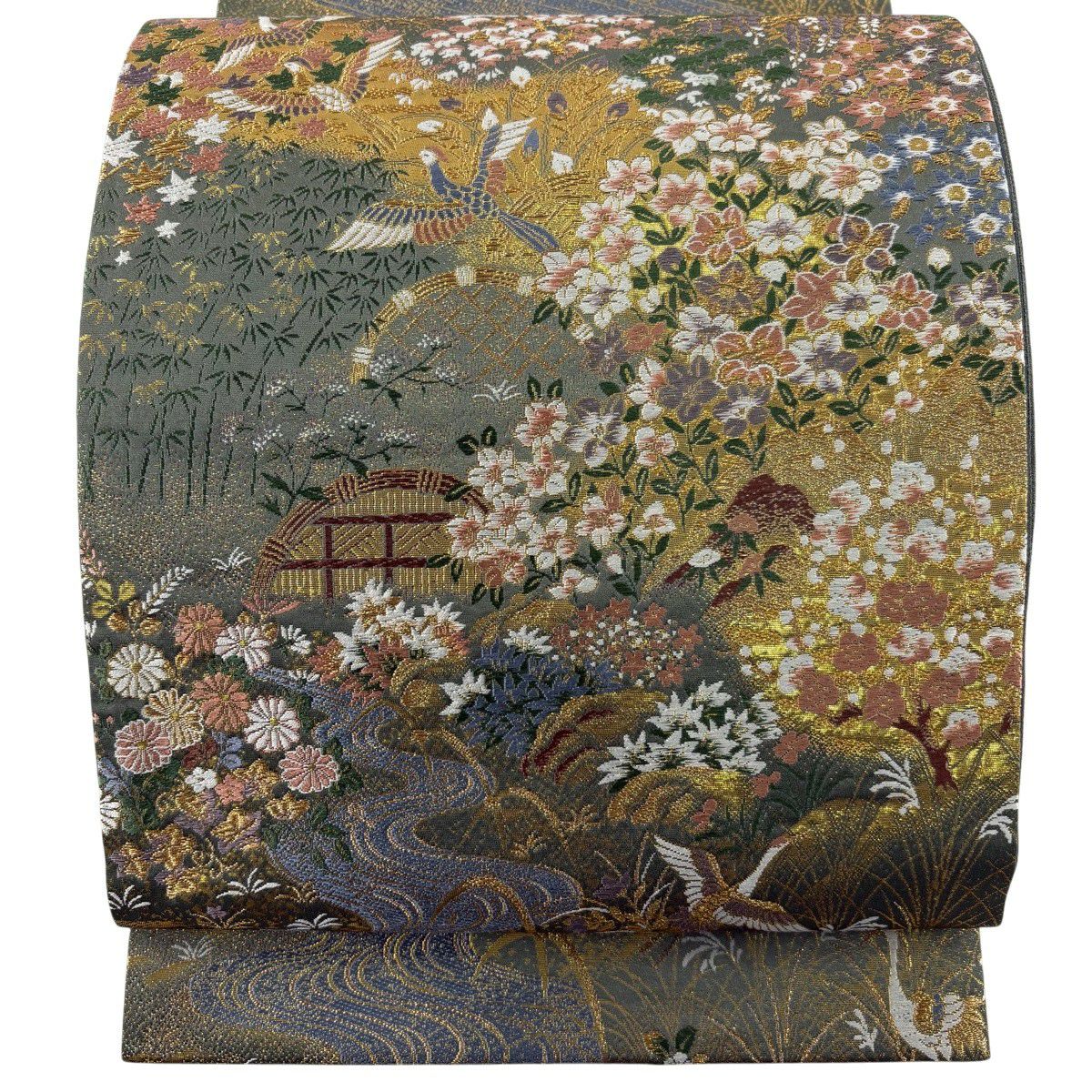 【美品】 袋帶 秀品級 仙鶴 草花紋刺繡 金線 灰綠 六通 純蠶絲