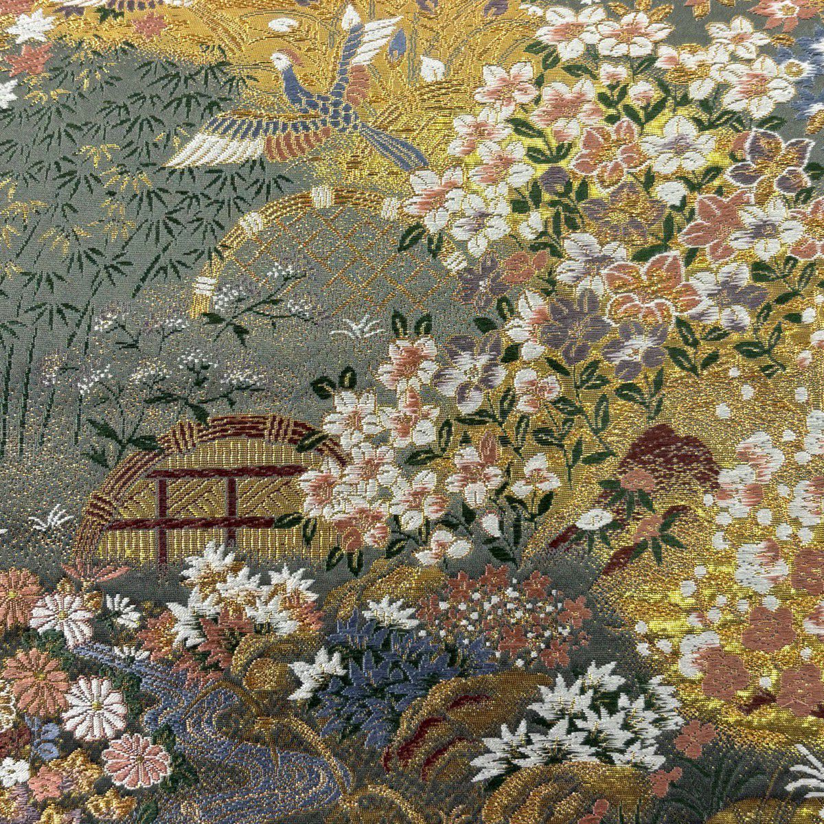 【美品】 袋帶 秀品級 仙鶴 草花紋刺繡 金線 灰綠 六通 純蠶絲