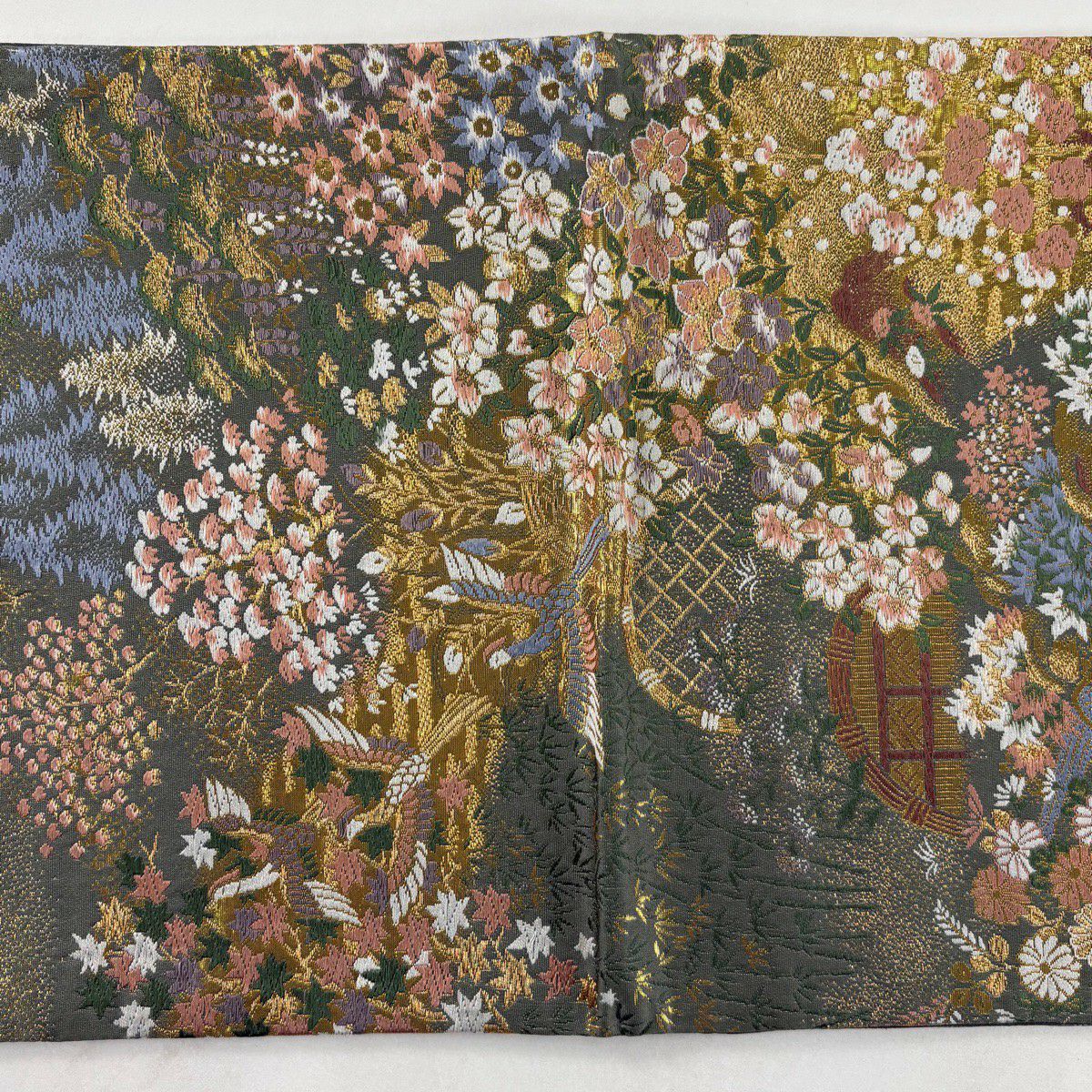【美品】 袋帶 秀品級 仙鶴 草花紋刺繡 金線 灰綠 六通 純蠶絲