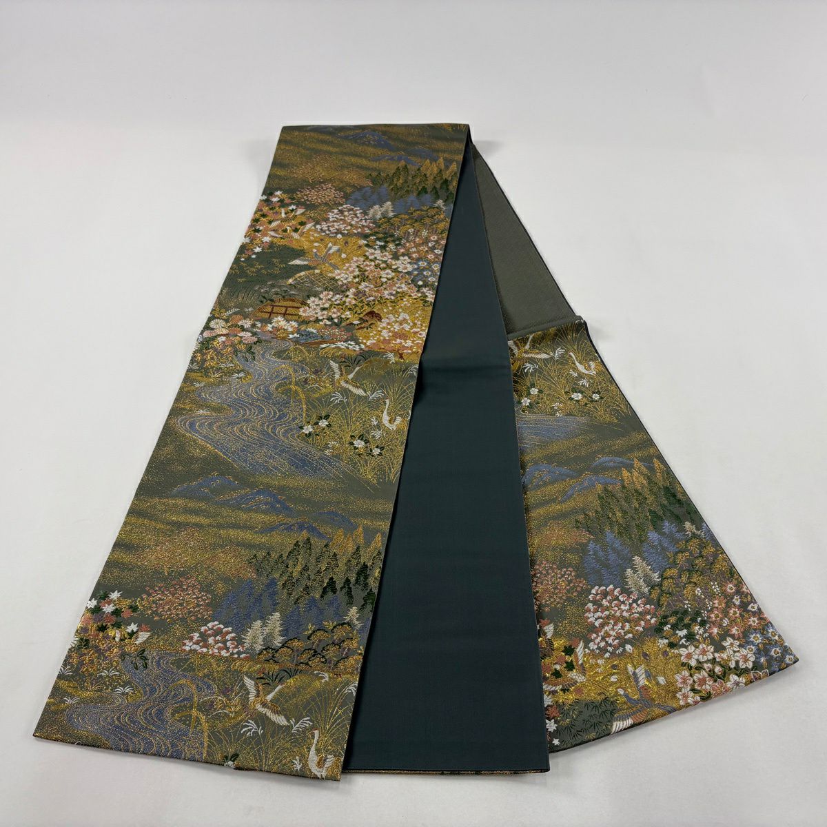 【美品】 袋帶 秀品級 仙鶴 草花紋刺繡 金線 灰綠 六通 純蠶絲