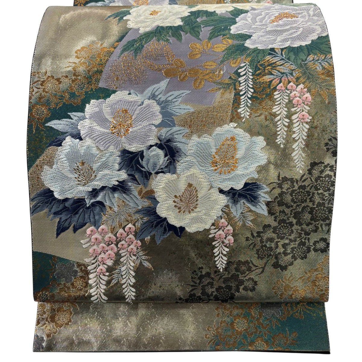 袋帶 秀品級 扇子面 草花紋紋 刺繡 金金箔 金色 六通 純蠶絲