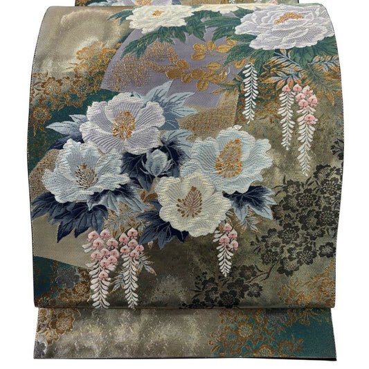 袋帶 秀品級 扇子面 草花紋紋 刺繡 金金箔 金色 六通 純蠶絲