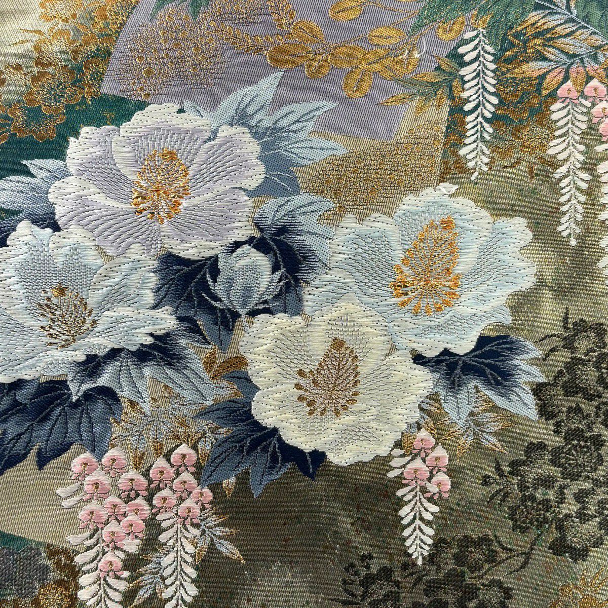 袋帶 秀品級 扇子面 草花紋紋 刺繡 金金箔 金色 六通 純蠶絲