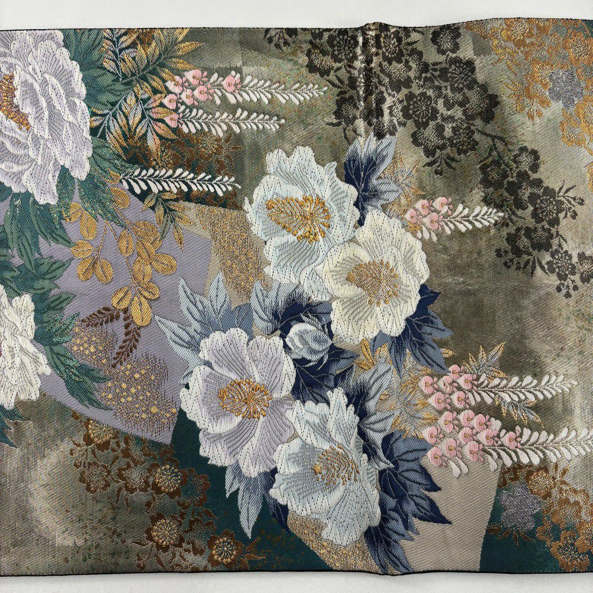 袋帶 秀品級 扇子面 草花紋紋 刺繡 金金箔 金色 六通 純蠶絲