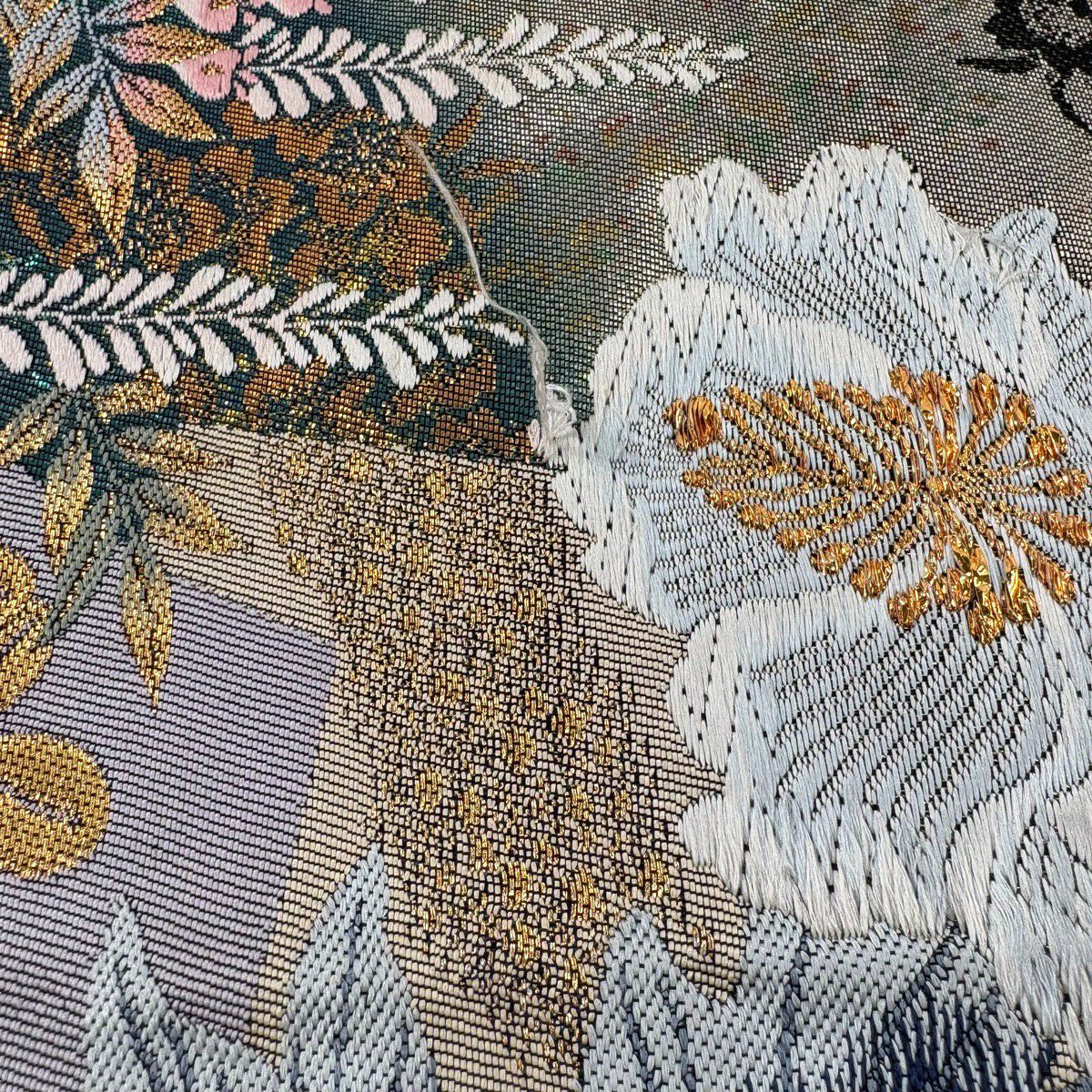 袋帶 秀品級 扇子面 草花紋紋 刺繡 金金箔 金色 六通 純蠶絲