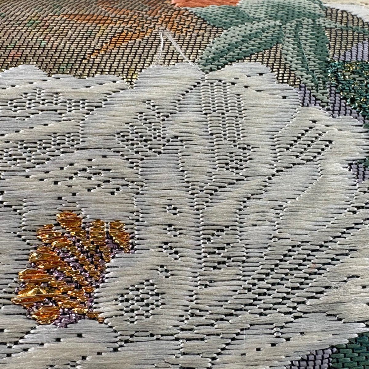袋帶 秀品級 扇子面 草花紋紋 刺繡 金金箔 金色 六通 純蠶絲