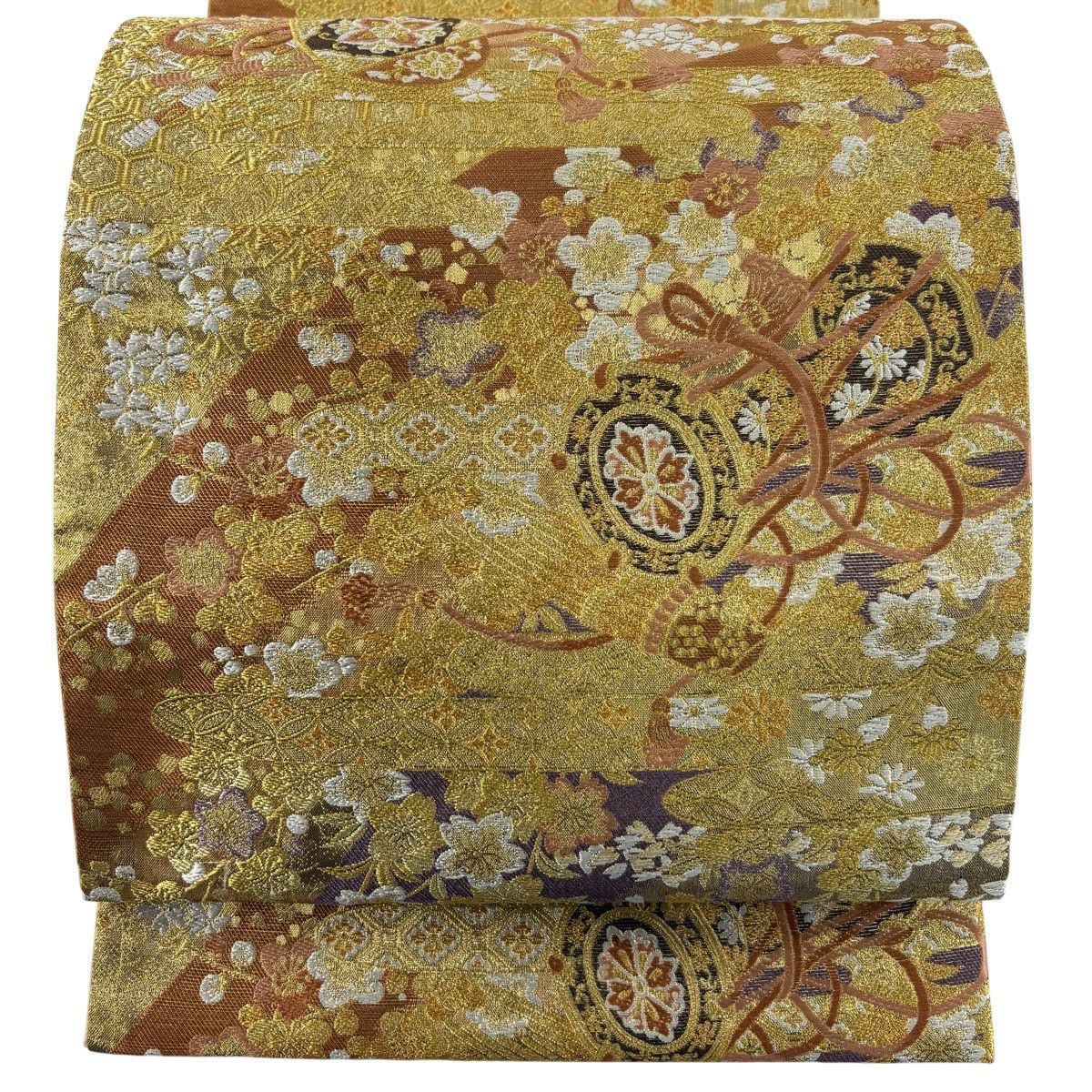 【美品】 袋帶 秀品級 鼓 枝花 刺繡 金絲 金 六通 純蠶絲