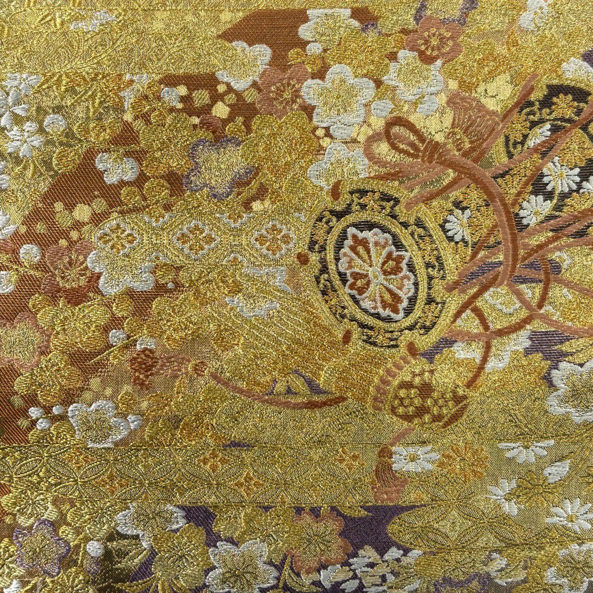 【美品】 袋帶 秀品級 鼓 枝花 刺繡 金絲 金 六通 純蠶絲