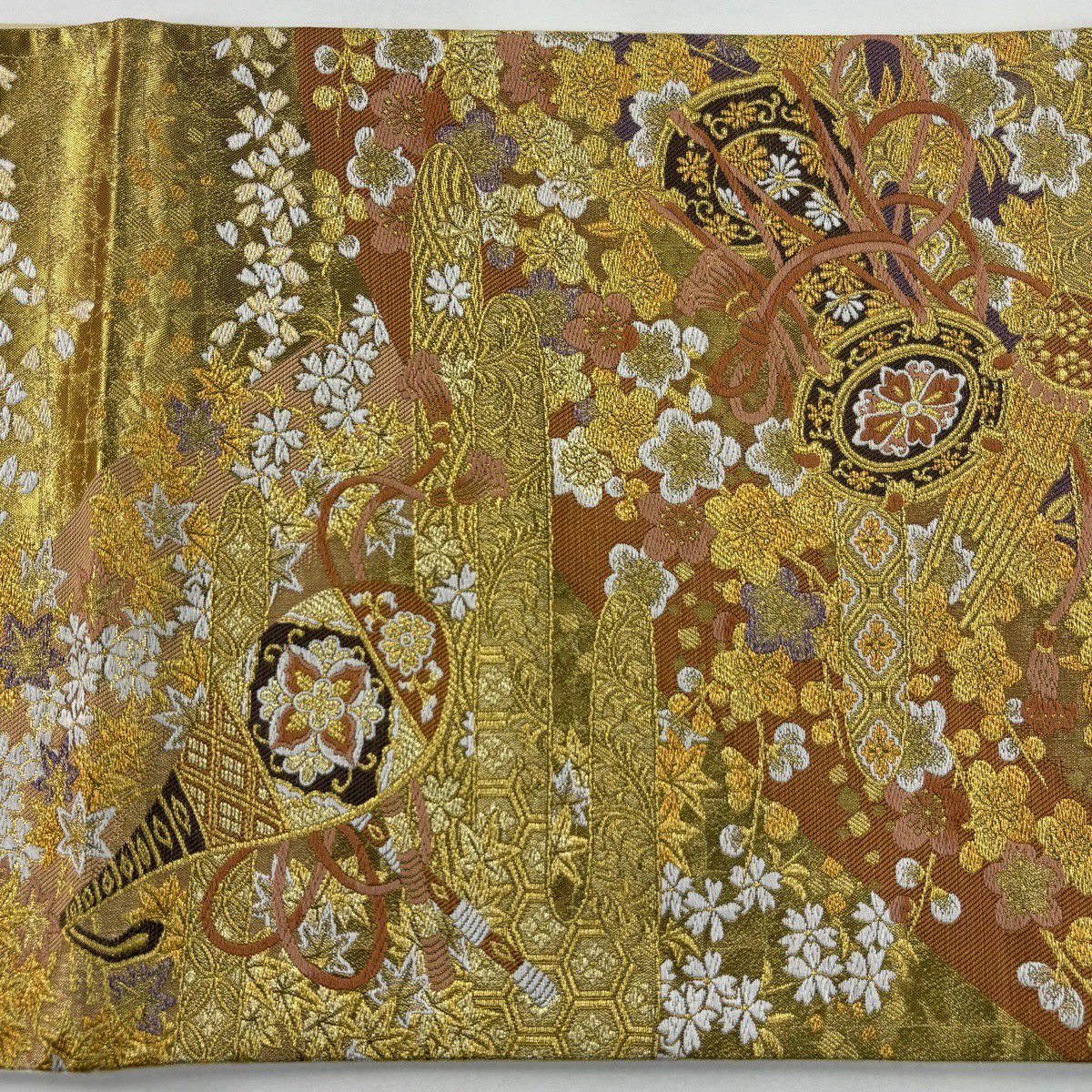 【美品】 袋帶 秀品級 鼓 枝花 刺繡 金絲 金 六通 純蠶絲