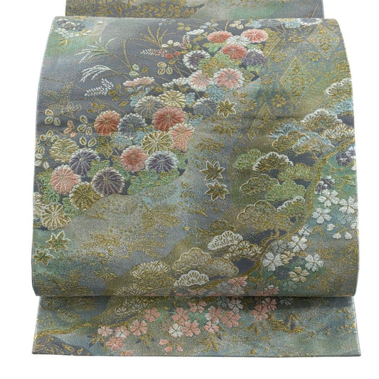 袋帶 秀品級 菊花花 松樹樹 刺繡 金銀線 灰紫 六通 純蠶絲